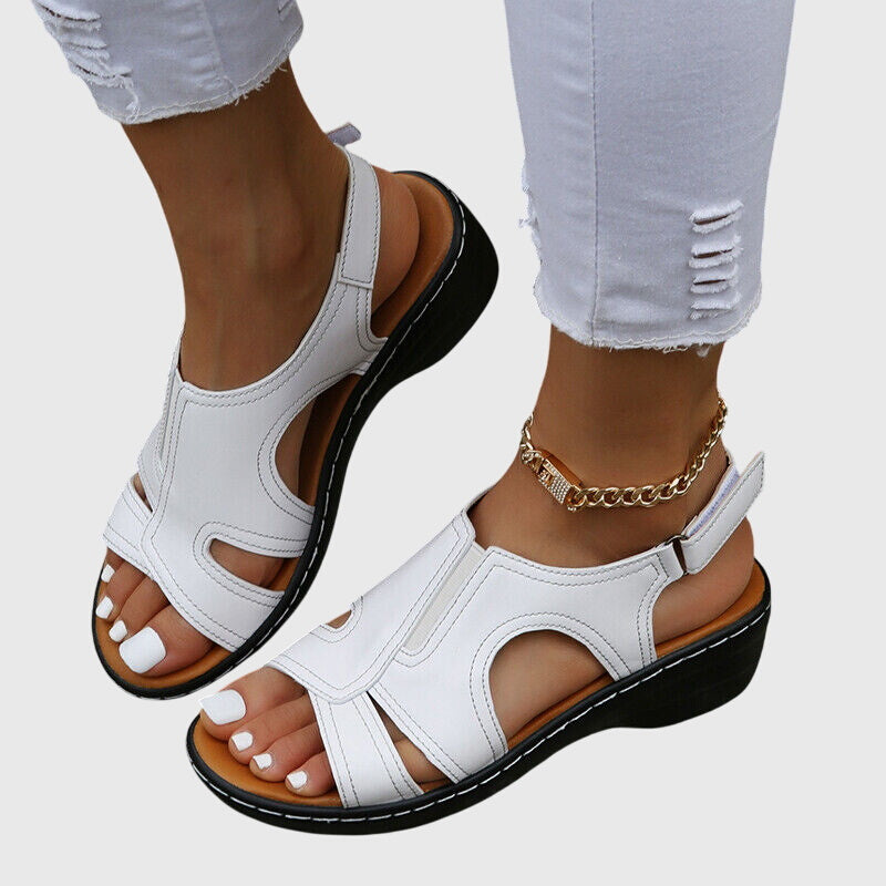 Comfortable Orthopedic Sandals for Women with Cutout Leather Upper Wedge Heel Slingback Open Toe Casual Style
