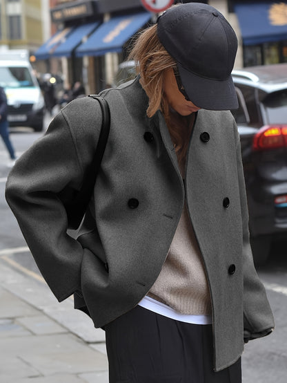 Effortless Wool Pea Coat for Women with Stand Collar Long Sleeve Double Breasted Oversized Casual Style