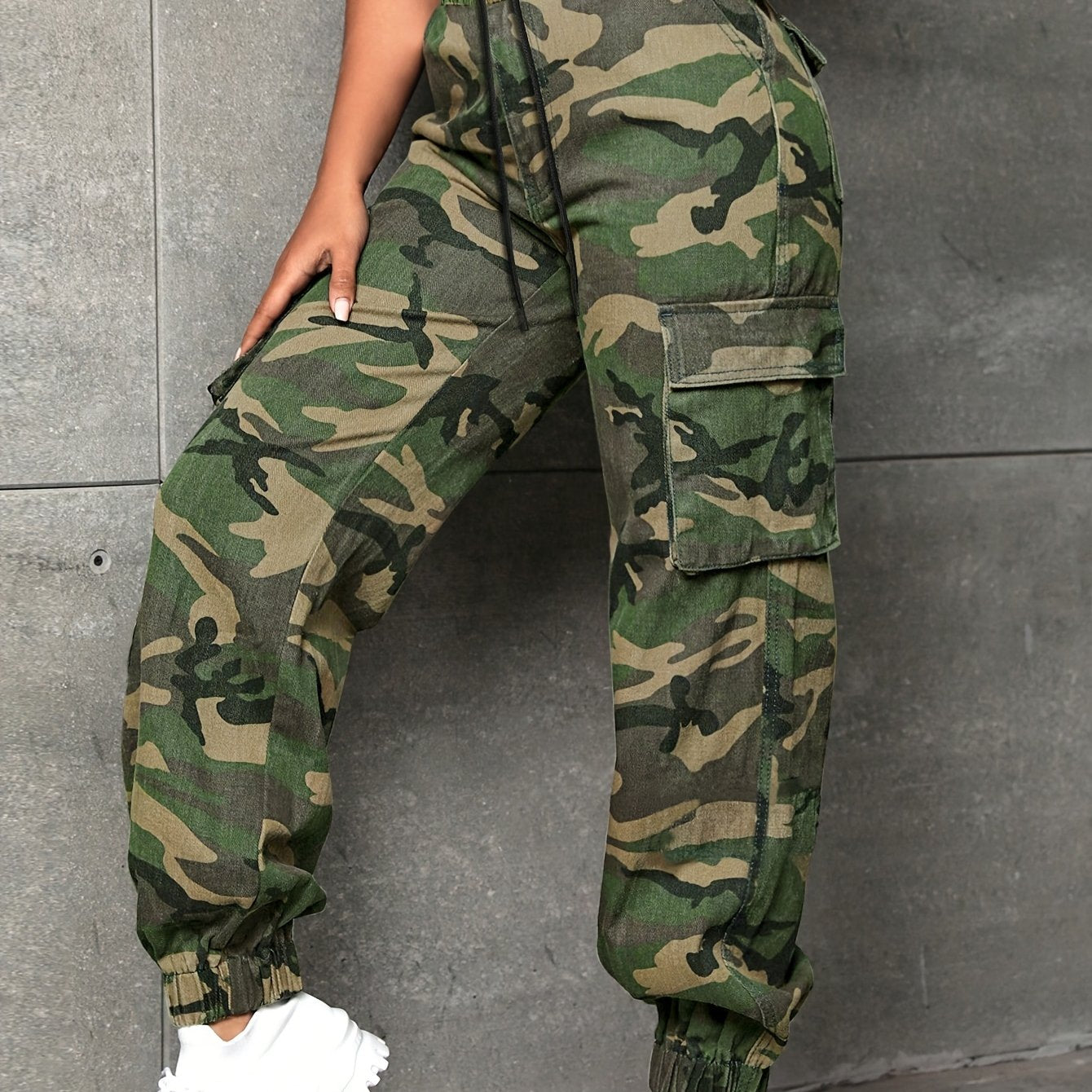 Effortless Camo Cargo Pants for Women with Elastic Cuff Utility Pockets Relaxed Fit