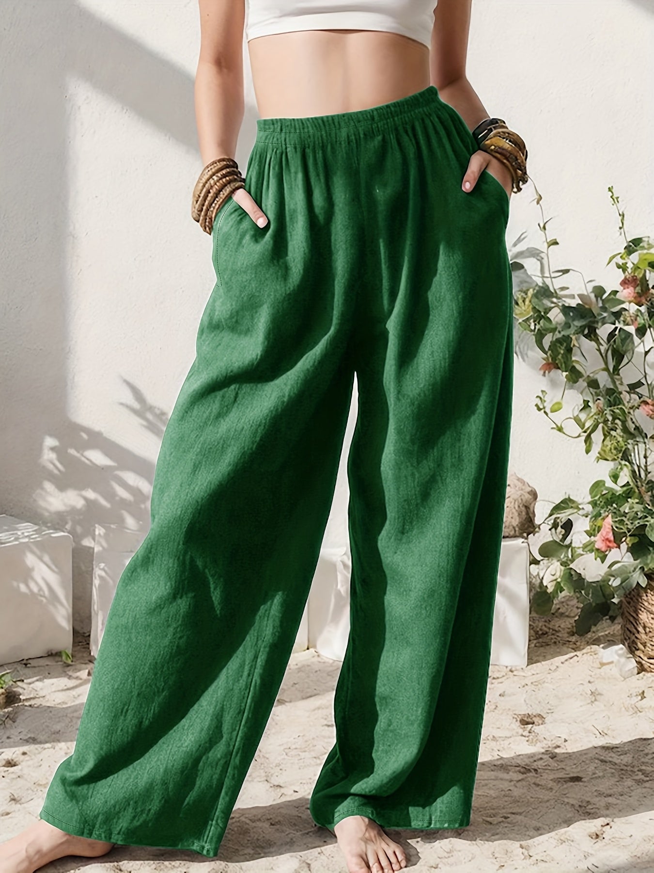 Effortless Linen Wide Leg Pants for Women with High Waist Pocket Flowing Relaxed Casual Style