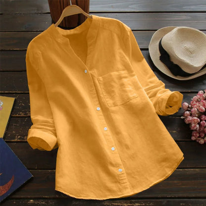 Effortless Linen Shirt for Women with Stand Collar Long Sleeve Button Front Relaxed Style