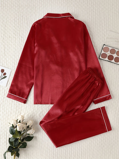 Comfortable Satin Pajamas for Women with Collar Button Front Piping Trim