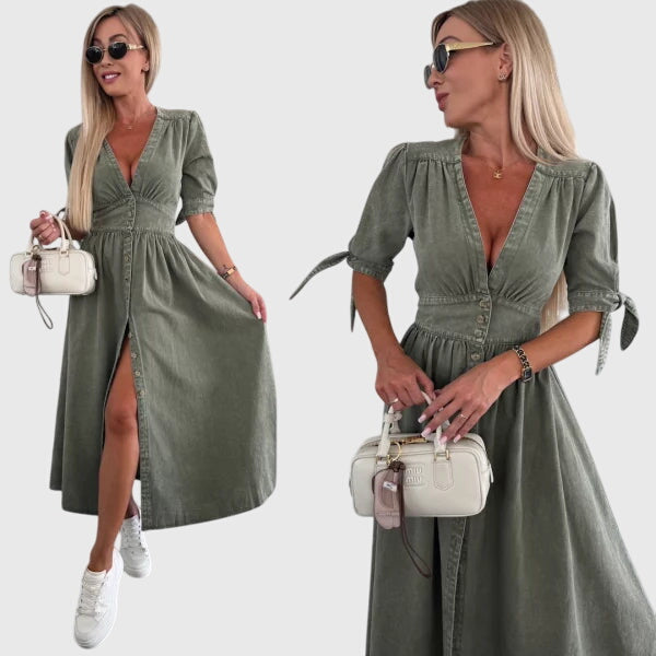 Effortless Denim Midi Dress for Women with V-Neck Button Front Elbow Sleeve Casual Style