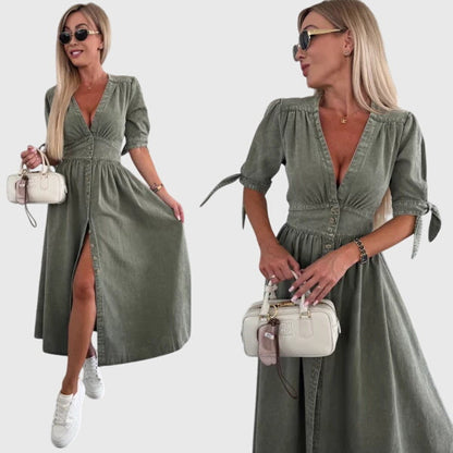 Effortless Denim Midi Dress for Women with V-Neck Button Front Elbow Sleeve Casual Style
