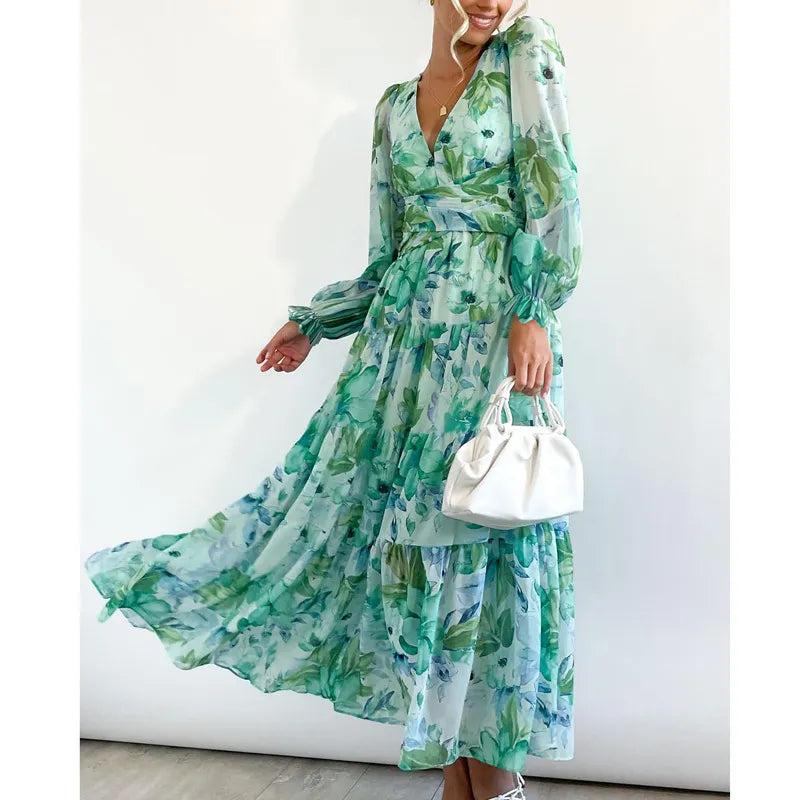 Effortless Floral Midi Dress for Women with V Neck Balloon Sleeve Smocked Waist Flowing Bohemian Style