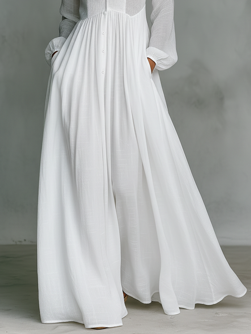 Effortless Linen Maxi Dress for Women with Stand Collar Button Front Long Sleeve Flowing Casual Style