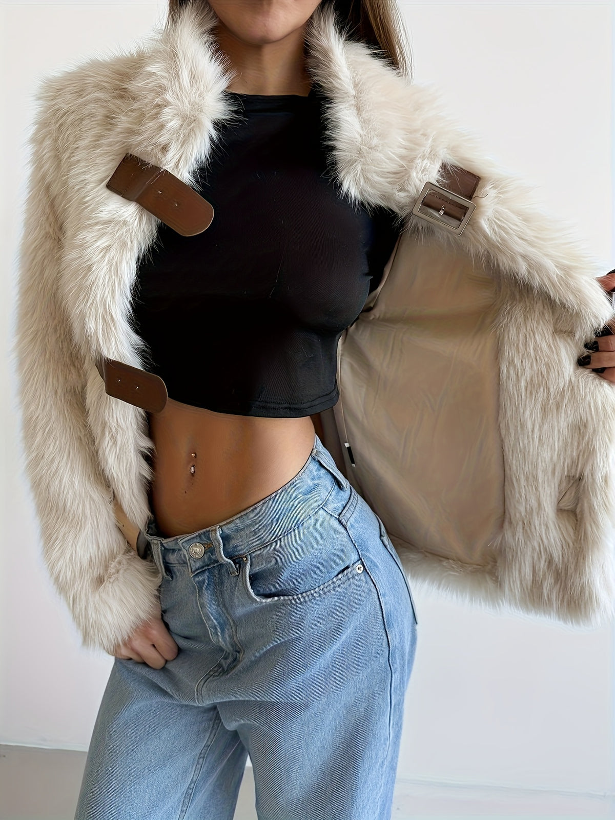 Cozy Cream Flurry Coat for Women with Buckle Front Shaggy Faux Fur Cropped Plush Winter Style