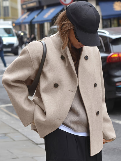 Effortless Wool Pea Coat for Women with Stand Collar Long Sleeve Double Breasted Oversized Casual Style