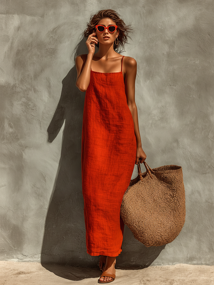 Effortless Red Dress for Women with Spaghetti Strap Square Neck Linen Midi Casual Summer Style