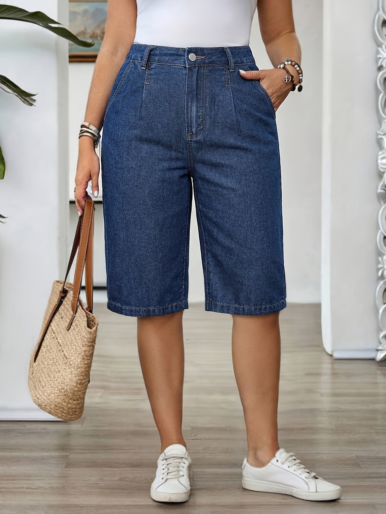 Effortless Blue Denim Bermuda Jean Shorts for Women with High Waist Pleated Wide Leg