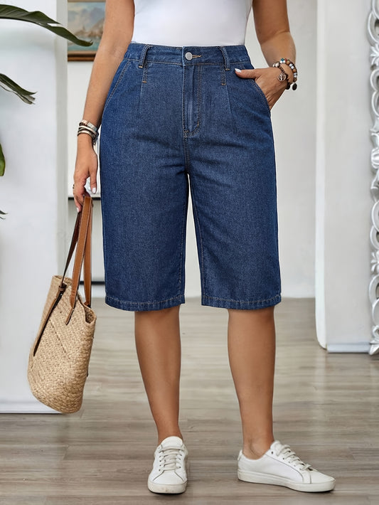 Effortless Blue Denim Bermuda Jean Shorts for Women with High Waist Pleated Wide Leg