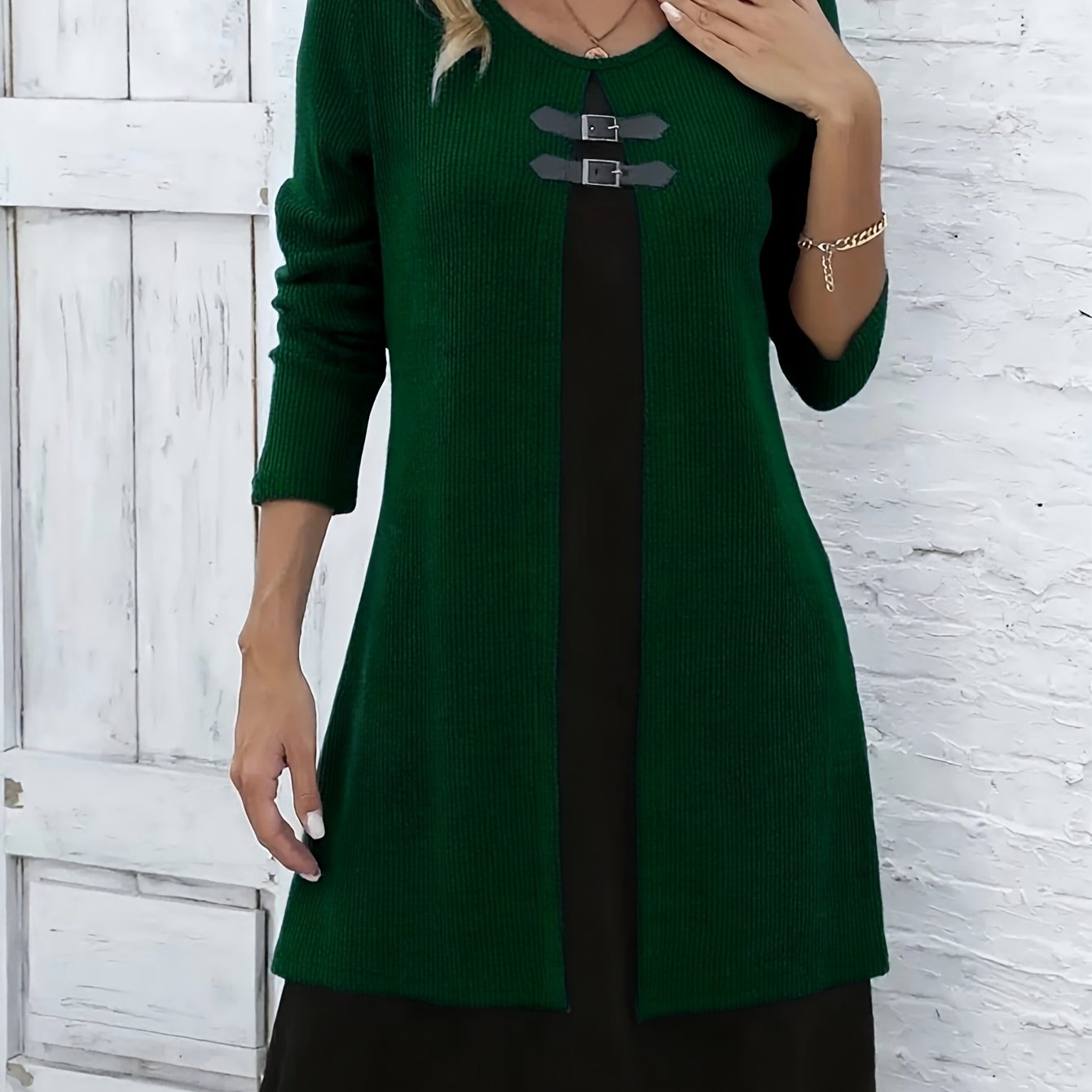 Elegant Ribbed Knit Two Tone Midi Dress for Women with Round Neck Long Sleeve Buckle Detail Layered Style
