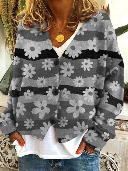 Cozy Floral Knit Cardigan for Women with V Neck Long Sleeve Striped Button Front Style