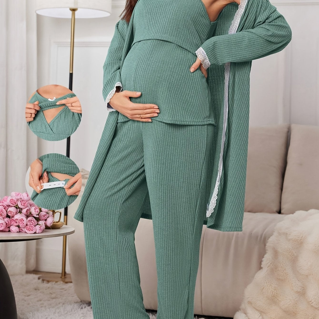 Comfortable Maternity Ribbed Knit Three Piece Set for Women with Lace Trim Nursing Cami Robe Pant Style