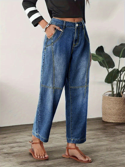 Effortless Blue Relaxed Barrel Jeans for Women with High Waist Seam Detail Cropped Ankle