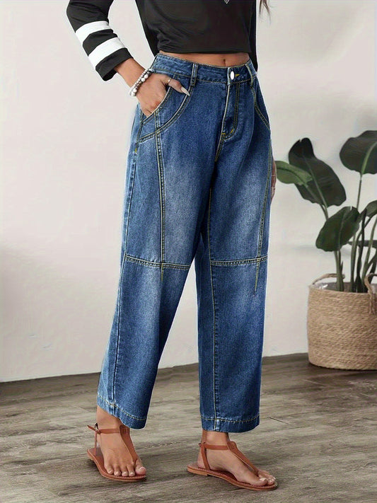 Effortless Blue Relaxed Barrel Jeans for Women with High Waist Seam Detail Cropped Ankle