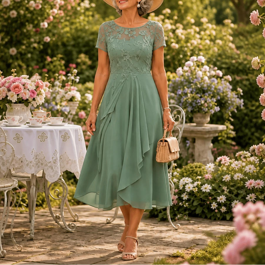 Elegant Lace Midi Dress for Women with Round Neck Short Sleeve Ruffle Hem Fall Wedding Guest Style