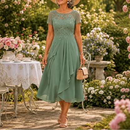 Elegant Lace Midi Dress for Women with Round Neck Short Sleeve Ruffle Hem Fall Wedding Guest Style