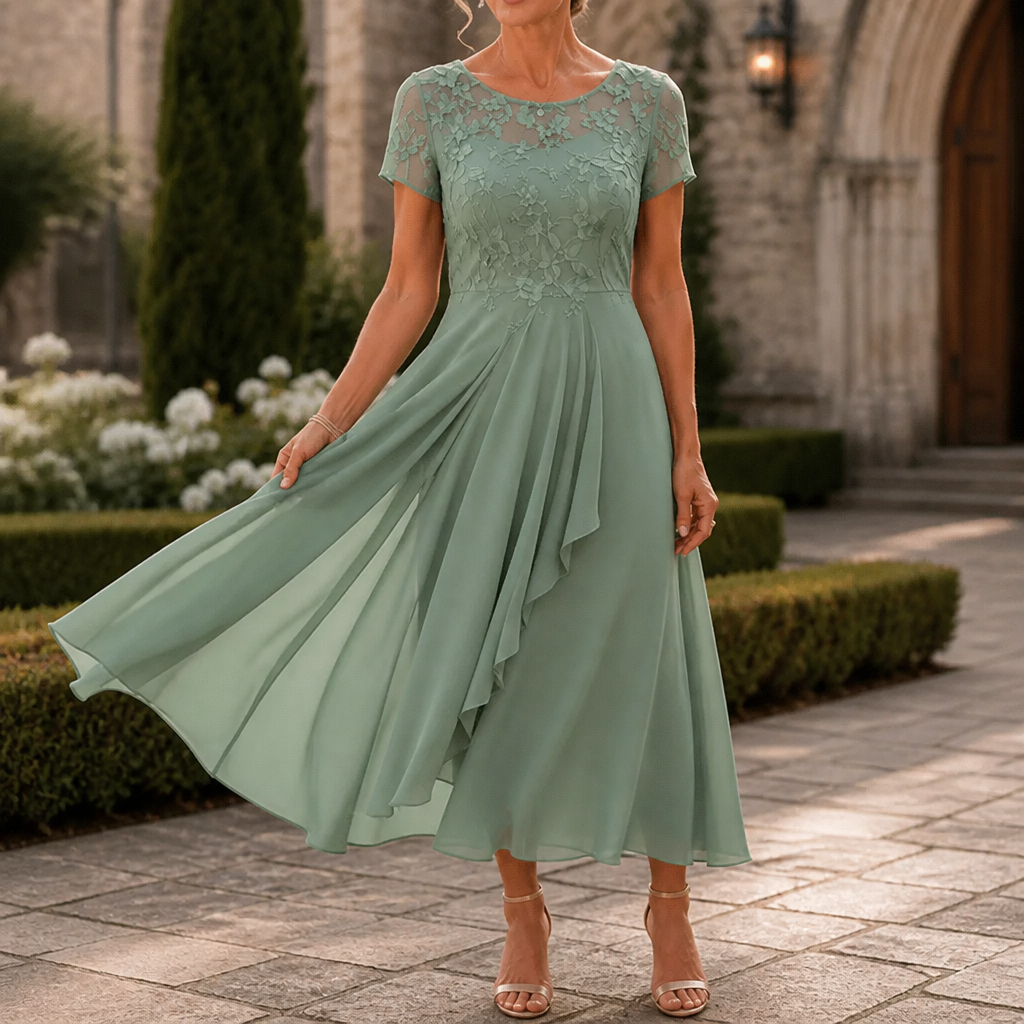 Elegant Lace Midi Dress for Women with Round Neck Short Sleeve Ruffle Hem Fall Wedding Guest Style