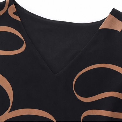 Elegant Black Ribbon Print Midi Dress for Women with V Neck Flutter Sleeve Sheer Hem Fall Flowing Style