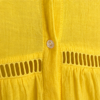 Effortless Crochet Trim Linen Mini Dress for Women with V Neck Bell Sleeve Button Front Boho Style