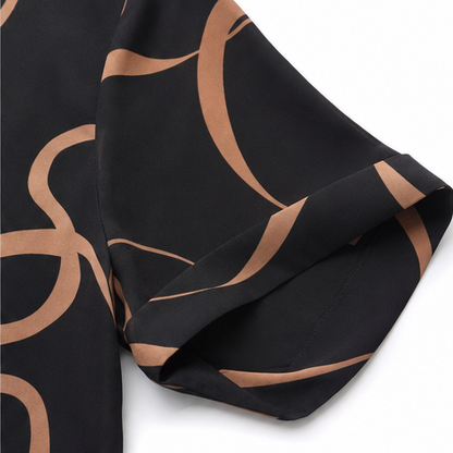 Elegant Black Ribbon Print Midi Dress for Women with V Neck Flutter Sleeve Sheer Hem Fall Flowing Style