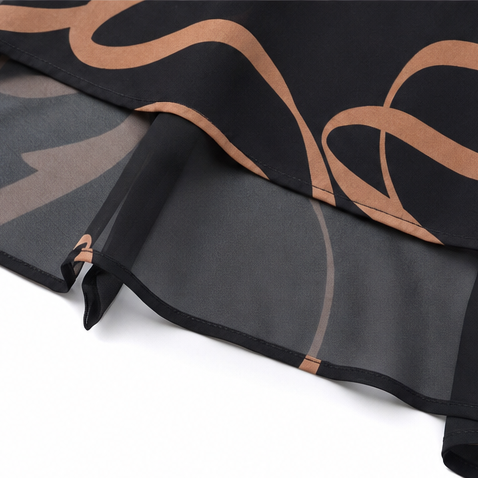 Elegant Black Ribbon Print Midi Dress for Women with V Neck Flutter Sleeve Sheer Hem Fall Flowing Style