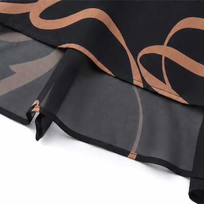Elegant Black Ribbon Print Midi Dress for Women with V Neck Flutter Sleeve Sheer Hem Fall Flowing Style