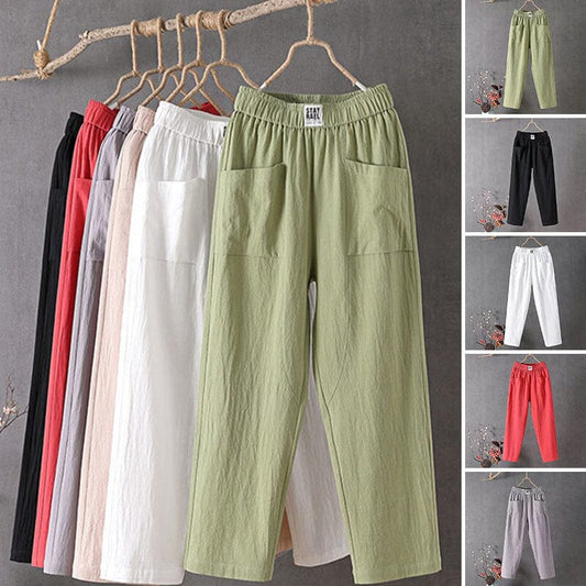 Effortless Linen Pants for Women with Elastic Waist Wide Leg Patch Pocket Relaxed Casual Style
