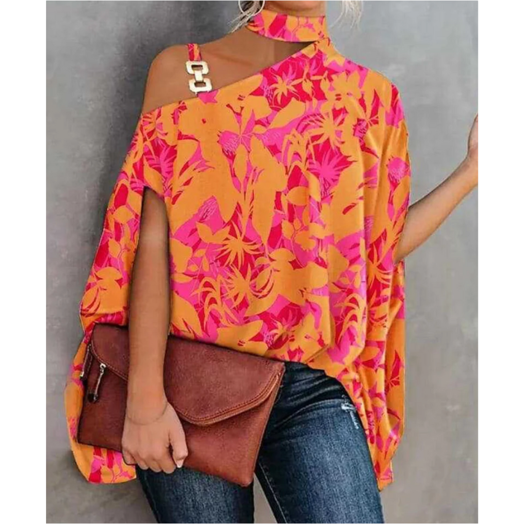 Effortless Tunic Top for Women with Turtleneck Batwing Sleeve Printed Relaxed Style