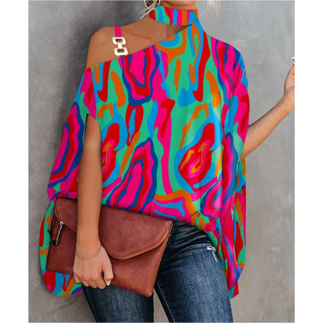 Effortless Tunic Top for Women with Turtleneck Batwing Sleeve Printed Relaxed Style
