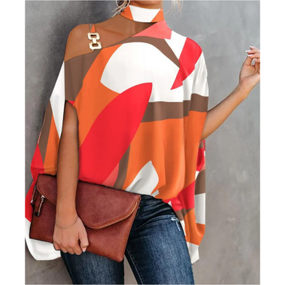 Effortless Tunic Top for Women with Turtleneck Batwing Sleeve Printed Relaxed Style