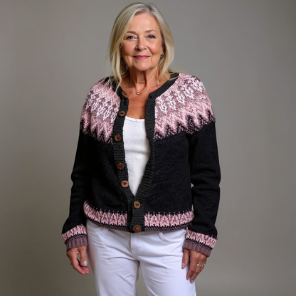 Cozy Black Fair Isle Cardigan for Women with Round Neck Long Sleeve Button Front Nordic Knit Style