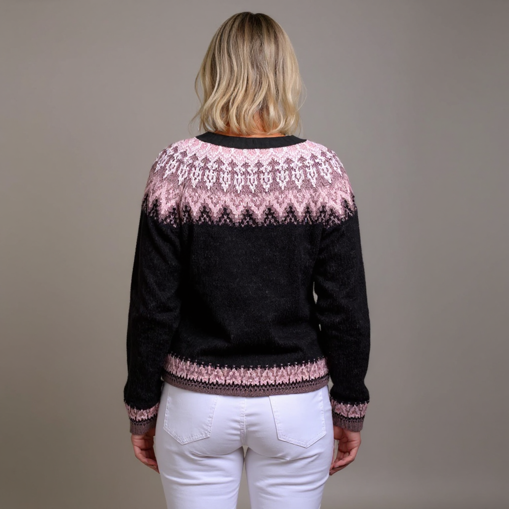 Cozy Black Fair Isle Cardigan for Women with Round Neck Long Sleeve Button Front Nordic Knit Style