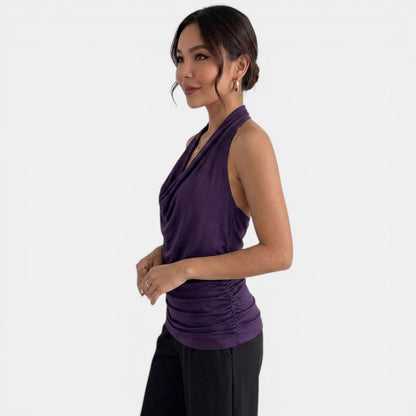 Elegant Cowl Neck Halter Top for Women with Ruched Sleeveless Silky Draped Style