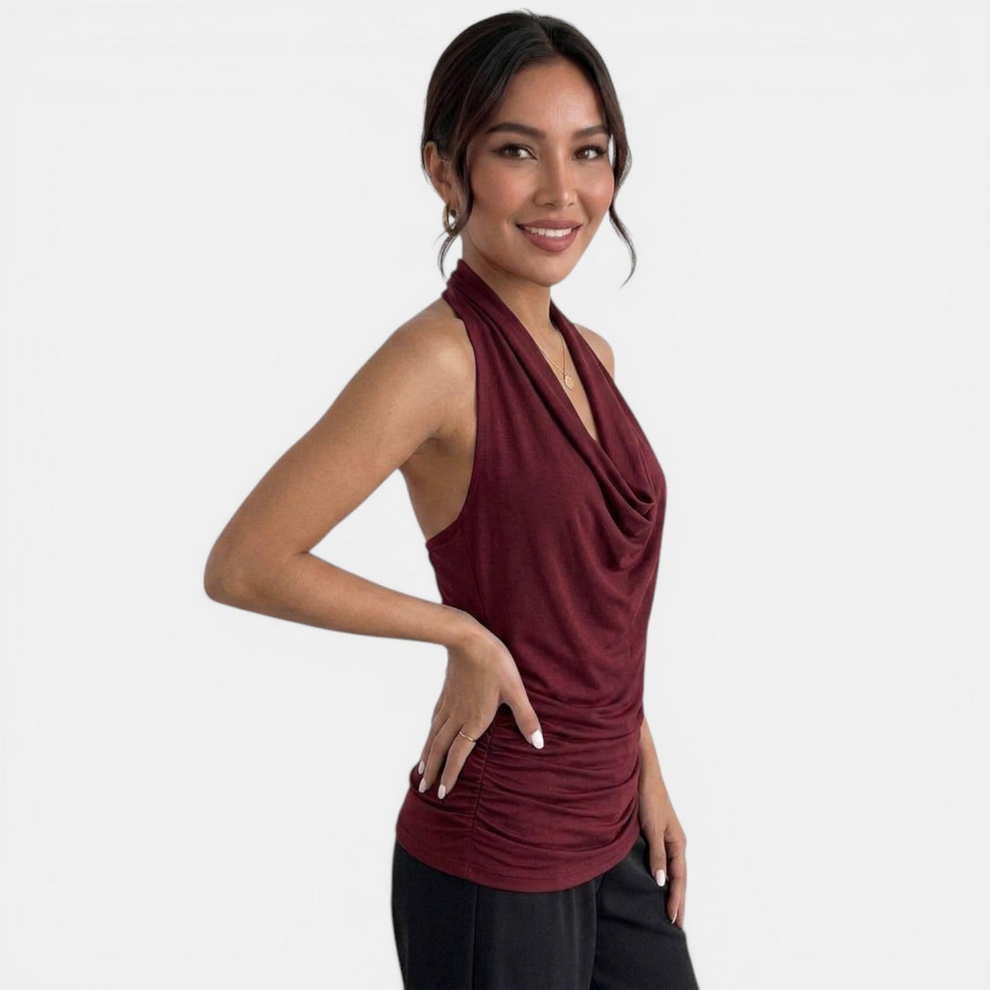Elegant Cowl Neck Halter Top for Women with Ruched Sleeveless Silky Draped Style