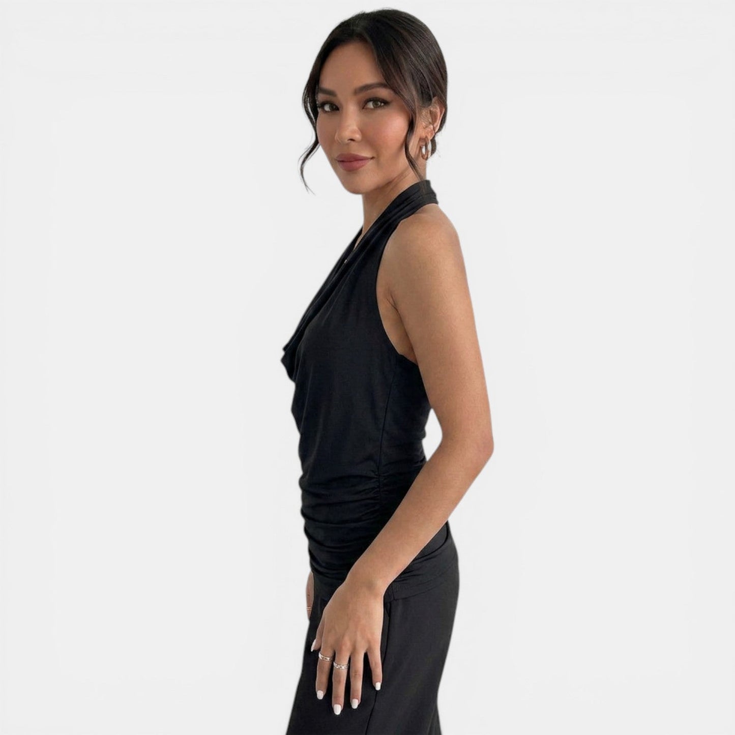 Elegant Cowl Neck Halter Top for Women with Ruched Sleeveless Silky Draped Style