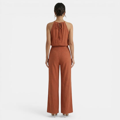 Effortless Linen Halter Top Jumpsuit for Women with Elastic Waist Wide Leg Relaxed Casual Style