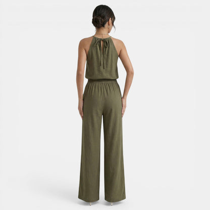 Effortless Linen Halter Top Jumpsuit for Women with Elastic Waist Wide Leg Relaxed Casual Style