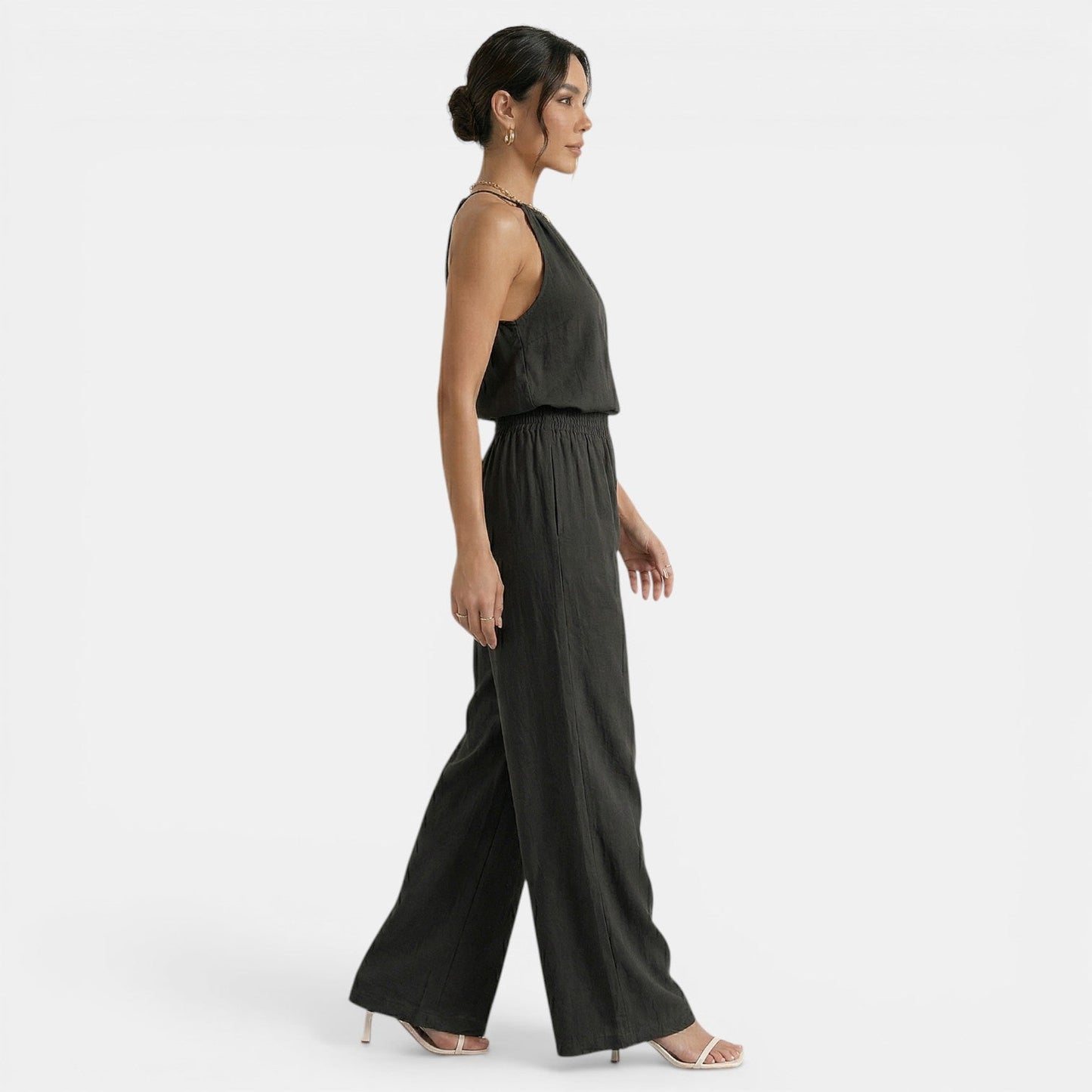 Effortless Linen Halter Top Jumpsuit for Women with Elastic Waist Wide Leg Relaxed Casual Style