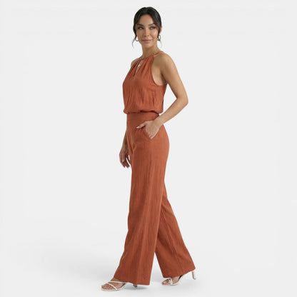 Effortless Linen Halter Top Jumpsuit for Women with Elastic Waist Wide Leg Relaxed Casual Style