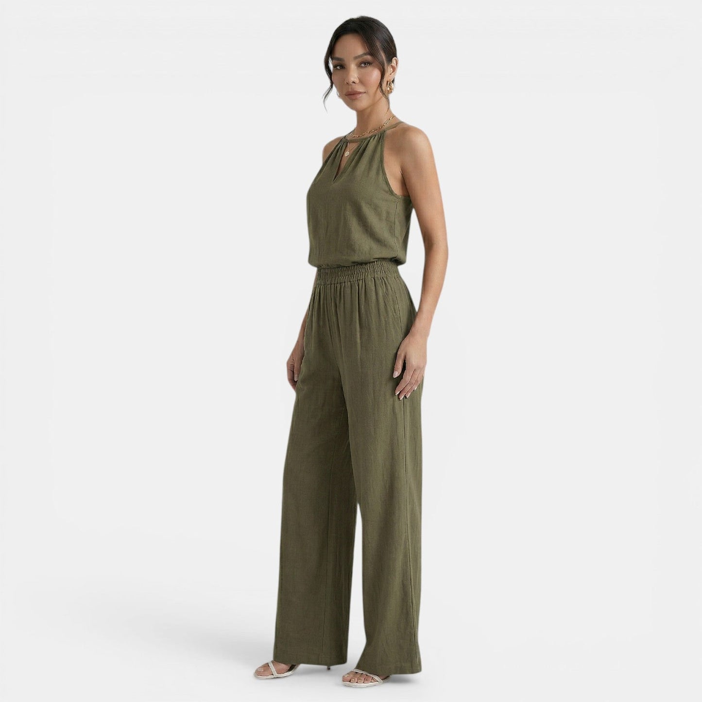 Effortless Linen Halter Top Jumpsuit for Women with Elastic Waist Wide Leg Relaxed Casual Style