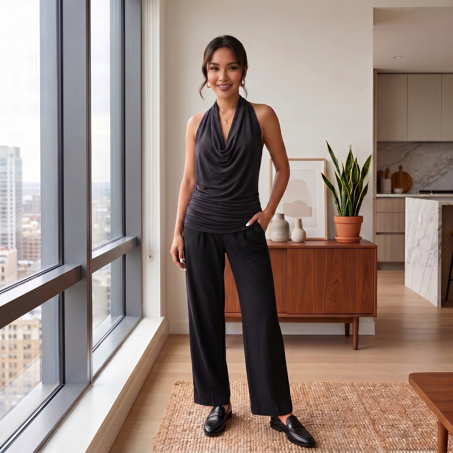 Elegant Cowl Neck Halter Top for Women with Ruched Sleeveless Silky Draped Style