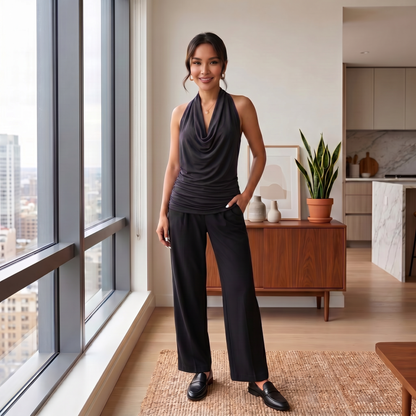 Elegant Cowl Neck Halter Top for Women with Ruched Sleeveless Silky Draped Style