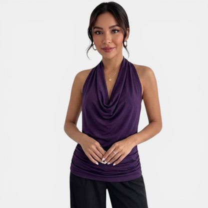 Elegant Cowl Neck Halter Top for Women with Ruched Sleeveless Silky Draped Style