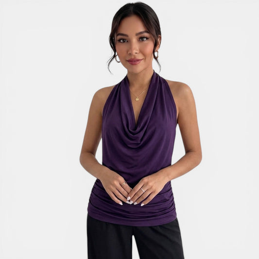 Elegant Cowl Neck Halter Top for Women with Ruched Sleeveless Silky Draped Style