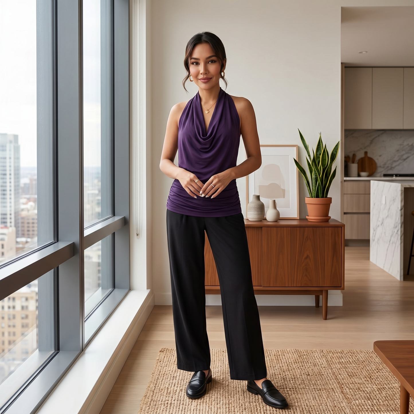 Elegant Cowl Neck Halter Top for Women with Ruched Sleeveless Silky Draped Style