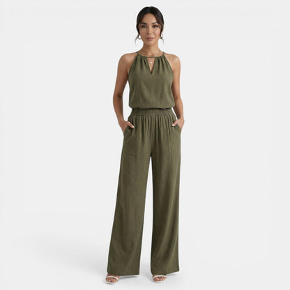 Effortless Linen Halter Top Jumpsuit for Women with Elastic Waist Wide Leg Relaxed Casual Style