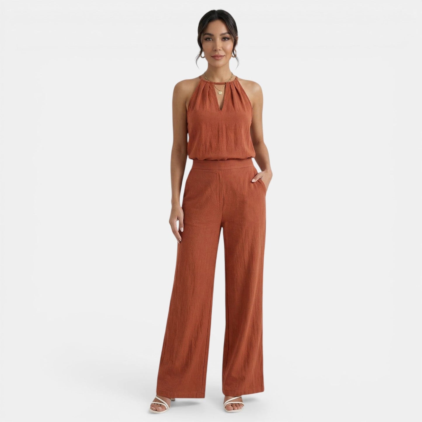 Effortless Linen Halter Top Jumpsuit for Women with Elastic Waist Wide Leg Relaxed Casual Style