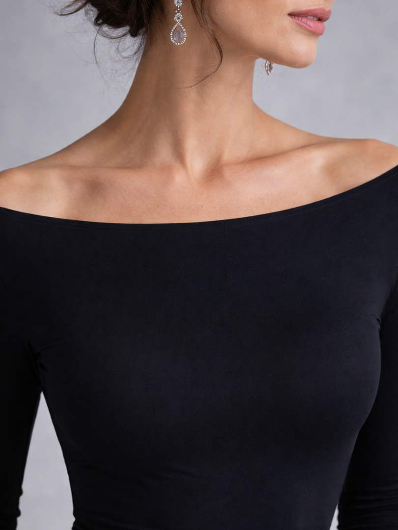 Elegant Black Cocktail Dress for Women with Off Shoulder Long Sleeve Ruched Waist Flowing Style